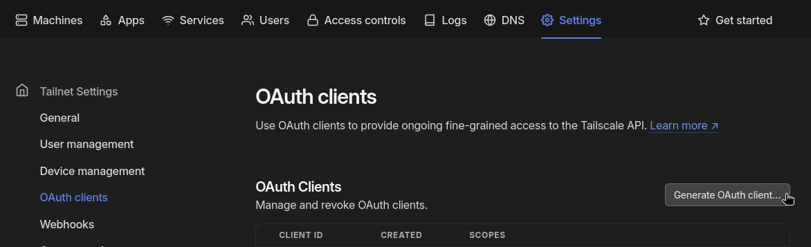 Screenshot of the Generate OAuth client... button