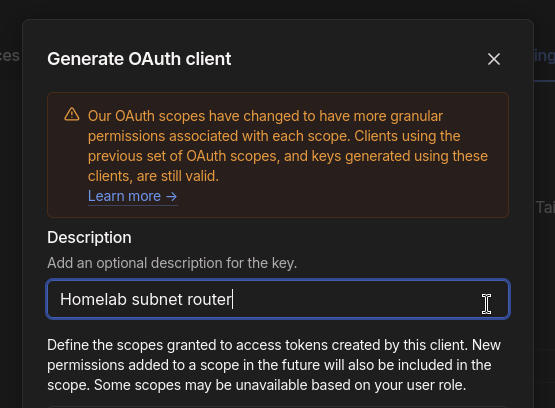 Screenshot of entering a OAuth client description